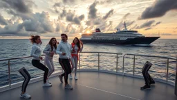 a group of young ladies and young men in sports pants and jacket are dancing to camera on deck of a small modern ship in oceion next to a passing huge ship,cloudy sun set sky