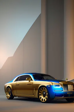 Futuristic Armored Gold And Blue Rolls Royce, Photorealistic, Realistic light, 8K