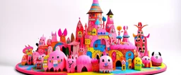 A light pink magical woolly town made out of toys designed in Kuna Molas painted by Joan Miro