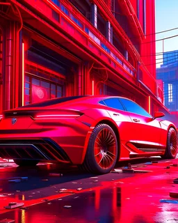 Red car 3 d realistic render in the coronation of napoleon painting and sci - fi wall structure with point cloud in the middle, in cyberpunk 2 0 7 7 colors, unreal engine 5, keyshot, octane, artstation trending, ultra high detail, ultra realistic, cinematic, 8 k, 1 6 k, in style of zaha hadid, in style of nanospace michael menzelincev, in style of lee souder, in plastic, dark atmosphere, tilt shift, depth of field,