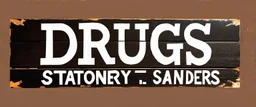 a hand painted sign on dark painted wood planks, first line says "DRUGS", second line (Smaller) says "STATIONERY T SANDERS", on a brown background