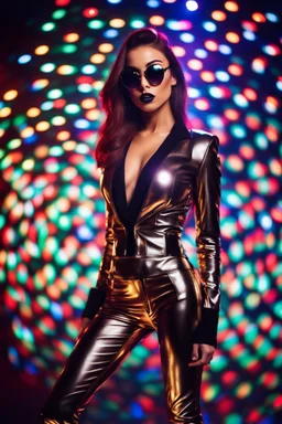 Fullbody photograph disco club,super model pretty girl,fashion latex suit,sunglasses ,disco light background