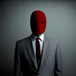 a man wearing a grey suit with a red tie who has no face