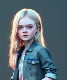 Elle fanning toddler, full body, city background, denim jacket, floral shirt, dramatic lighting