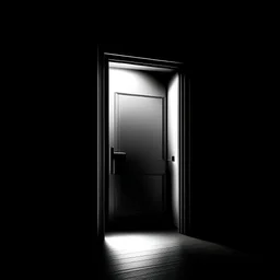 a closed and illuminated white door in the middle of a black void