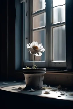 Dead white flower in pot, sitting on windowsill, petals falling off, looking straight on, light coming from window behind the flower, hd, realism, hdr, 4k, leica, fujifilm, dslr, cinematic