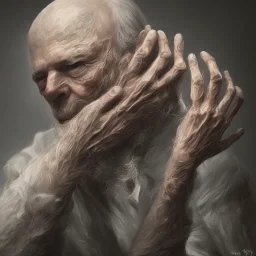 Extremely detailed portrait of a man covering his fading face with multiple hands growing out of his palms, digital painting.