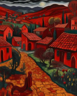 A dark red Transylvanian village near a graveyard designed in Oaxacan Alebrijes painted by Vincent van Gogh