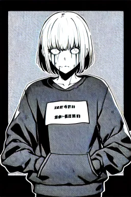 thoughtful girl in a loose sweatshirt, line arts, greyscale, death note style