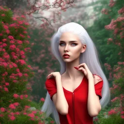 young lady walk in garden with red shirt and white hair