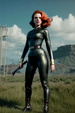 retro portrait image from 1960, sky background, wind, long red hair, fighting stance, sweet young Scarlett Johansson, black dress, classic tight lycra black suit, weapon, gold bracelet and belt, high heel boots, soft color, highly detailed, unreal engine 5, ray tracing, RTX, lumen lighting, ultra detail, volumetric lighting, 3d, finely drawn, high definition, high resolution.