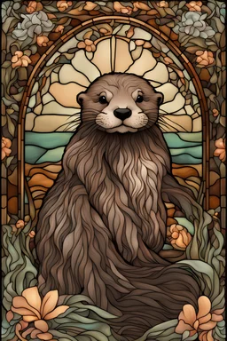 stained glass window design of an overwhelmingly sea ​​otter framed with vector flowers, long shiny, wavy flowing hair, polished, ultra-detailed vector floral illustration mixed with hyper realism, muted pastel colours, vector floral details in the background, muted colours, hyper-detailed ultra intricate overwhelming realism in a detailed complex scene with magical fantasy atmosphere, no signature, no watermark