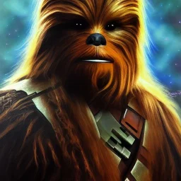 photorealistic and intricate portrait of chewbacca in star wars by Arthur Hughes, wearing beskar armor, deep dark colors, hyperdetailed, 32K, oil on canvas,