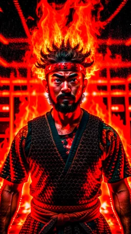 A guy with appearance of a samurai, having flaming aura surrounding the body, is doing gym, with the background abstract but matching the situation the guy in, facing the camera in front of him, with determined eyes as if he's the most determined and confident person ever in position of doing work out, the work out marathon, he is in samurai armor from toe to head and he is in position of running