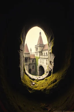 pin hole cam, master oil painting by Rembrandt, moss covered space station with window into medieval world, brightened edges to give a sense of depth