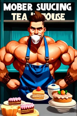 a young mechanic man with huge muscles and his top off enjoying high tea by himshelf with little cakes, with large title( MEMBER SUCKING TEA HOUSE)