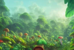 jungle on an alien planet with massive flowers, fruits and mushrooms, wideangle view, volumetric lighting, volumetric clouds, small minutiae, tiny features, particulars, precise pencil outlines, sharp lines, cinematic art by jessada sutthi