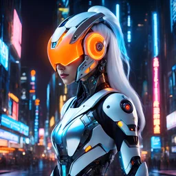 full body portrait of robotic cyberpunk artificial animatronic iridescent attractive_female_cyborg, Alien,futuristic, ,neon orange colors, with incandescent blue eyes, white_hair,futuristic helmet on the head,, in neon city, nighttime