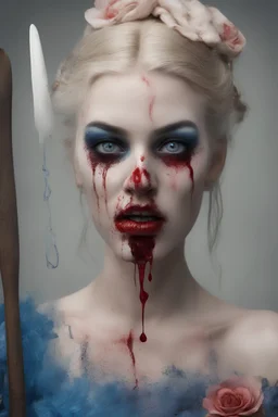 Mugshot, facial, closeup, blue, large, dead woman, blonde, floral designs, atmospheric, beautiful, China Doll, Vampiric, horrifying, blood dripping, brain matter, severed arms and legs, Negan, Baseball bat, barbed wire, a sack, 3 table spoons of salt, Boiling water,