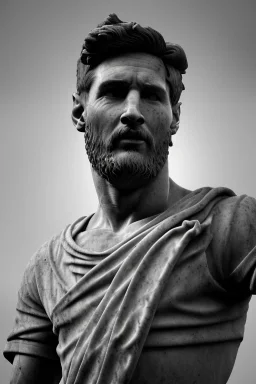 Ultra Realistic image, roman sculpture, Calacatta marble material, Lionel Messi, gold Laurel wreath, Renaissance style, miguel angel David style, chisel style, emperor, waist up portrait, epic, celestial, cinematic lighting, God light, god rays, 4k resolution, smooth details, ornate details, soft lighting, unreal engine 5, blue background.