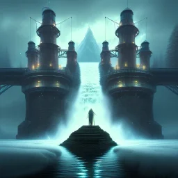 fantasy art, book cover, close up of big mad wizard in front of the ebony stairs, a bridge or dam ,icy water