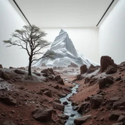 Photograph, NO PEOPLE, a mass of terrain, giant museum space, tree, high walls, high peak in a room, rag, powder, brook, sediments, deflagration of the background, geological formation, light, architecture, minimalist, details of the terrain very accentuated, 8k, deep 3d field, sharp, brutalist, hasselblad h6d400c --ar 85:128 --v 6.0