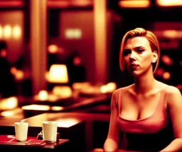 Scarlett Johansson in Lost in Translation, at the counter of a hotel bar, staring into space and smoking.