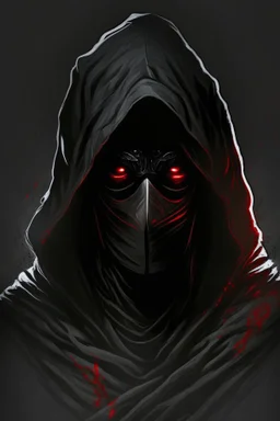 Dark warrior, black robe, not visible face, comic style, red eyes