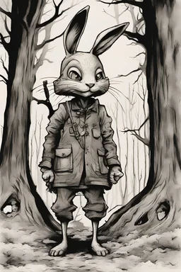 Ink drawing of a cute war bunny, predatory smile, horror, old dark scary forest with crooked trees and roots in the background, by tim burton, fashion ao dai, peter painting, digital illustration, comic style, black and white contrast, perfect anatomy, centered, dynamic, detailed, watercolor, artstation, concept art, smooth surface, sharp focus, illustration, art by Carne Griffiths and Vadim Kashin