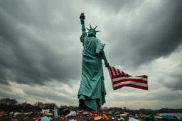 the statue of liberty, dress dirty and torn, her face solemn and terse, trash littered at her feet, she holds a crumpled american flag, she walks away with back turned under a dark and dreary sky, wide angle