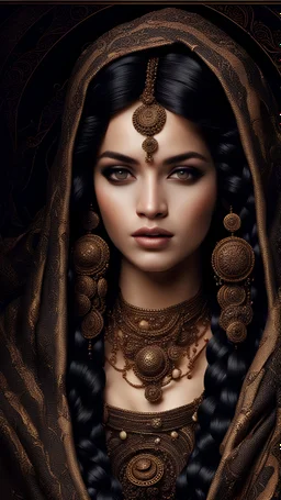 Her eyes, dark as midnight, cradle secrets whispered by the stars themselves. Her skin, kissed by the sun, glows with the warmth of polished sandalwood. Cascading ebony tresses frame her face, each strand spun by celestial weavers, their cosmic looms humming ancient melodies.She wears a designer traditional dress-a symphony of silk and brocade. The fabric, dyed in hues of saffron and marigold, clings to her curves like a lover's embrace. The neckline plunges, oil painting