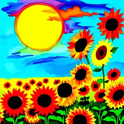 A cartoon image of a sunrise over a field of vibrant colored sunflowers in watercolor ink art style.