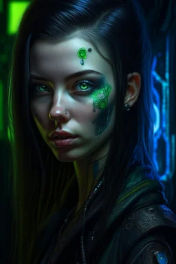 hyper real oil painting on canvass of brunette pierced cyberpunk Malkavian vampire chat robot portrait with clear blue-green eyes in moon light feeling in control in goth ruins Giger patterned background, zeiss prime lens, bokeh like f/0.8, tilt-shift lens 8k, high detail, smooth render, down-light, unreal engine, prize winning