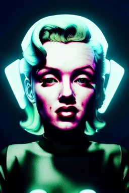 Ultra Realistic retro sci-fi scene, portrait, blonde woman, sweet young Marilyn Monroe face, perfect iris, glow eyes, makeup. Alien background, Retro sci-fi style helmet, tight latex coat, fog, rain, soft color, highly detailed, unreal engine 5, ray tracing, RTX, lumen lighting, ultra detail, volumetric lighting, 3d, finely drawn, high definition, high resolution.