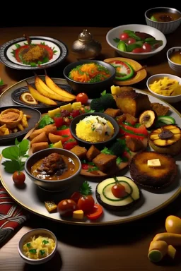 8k portrait of an appetizing african food platter showcasing a variety of dishes, including savory appetizers, mouthwatering entrees, and delectable desserts, high resolution, highly detailed.