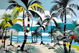 A gray beach filled with dancing palm trees painted by Stuart Davis