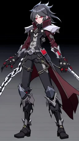 Genderbent female Wriothesley from Genshin impact , 8k , full body , cool background, no weapons , chains on fist , has tufted black hair with grey streaks, pale grey eyes, and pale skin. He bears a scar beneath his right eye; three scars extending from high on his neck down to his mid-chest, with one on the right, one on the left, and one along the midline; and scars on his left and right forearms.