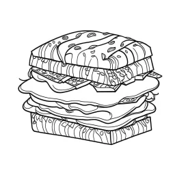 Coloring page for toodlers, with a sandwich, very Bold outlines and white background, minimum amount of details, very simple, very thick outlines