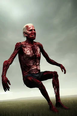 realistic image, joe biden zombie, zombie posing, arm cut and bleeding, amputated leg, night, walking with a limp, waist up view, dark ambient, highly detailed, sky background, concept art, unreal engine 5, god rays, ray tracing, RTX, lumen lighting, ultra detail, volumetric lighting, 3d, finely drawn, high definition, high resolution.