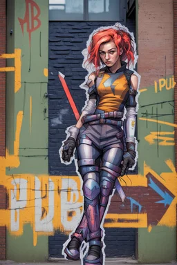 teen woman in retro-futurist cyberpunk costuming with pants and sheathed swords leaning to the side with shoulder against a brick pillar and legs crossed, background is brick with graffiti of a large arrow pointing to the right and text of the word "PUB" on lower left