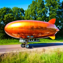 award winning photograph of a steampunk house-fly ufo dirigible designed by only one vehicle per image painted metallic orange traveling at a high rate of speed, jet intake off of front center of vehicle and jet exhaust out the rear bilaterally symetrical, more a high speed road vehicle