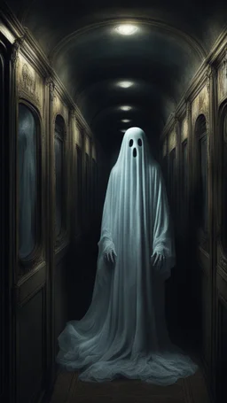 A ghost standing a sleepless night inside a dark train in a delusional state haunted by ghostly images, paint it in the baroque style, as if the man is horrified