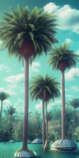 1980's aesthetic vaporwave curvy palm trees with spheres and ufo