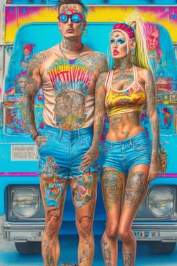 Artwork Entitled "Homo Consumerist" featuring a Trailer Park God And Goddess Covered In Brand Tattoos With Giant Logos All Over Their Clothes; Pop Art; Renaissance Trailer Trash Painting; Insanely Detailed; award-winning; portfolio piece