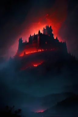 A fortress on fire surrounded by burning flames the night sky turned red from the smoke and fire