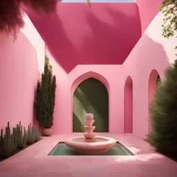 persian style ,yazd,arc,Design a 2D courtyard inspired by Luis Barragán with his iconic use of color. Picture a serene courtyard characterized by vibrant soft pink walls, complemented by lush greenery and water features. The architecture should incorporate Barragán’s mastery of light and shadow to create a visually captivating and emotionally resonant space.