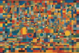 Capture the essence of a Paul Klee painting where vibrant geometric shapes seem to dance across the canvas, their bold colors and intricate patterns intertwining to create a sense of joyful chaos and harmonious energy