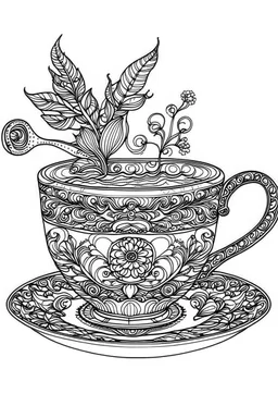 Outline art for coloring page, TEACUP FANCY PLACE SETTING, coloring page, white background, Sketch style, only use outline, clean line art, white background, no shadows, no shading, no color, clear