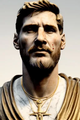 Realistic image, Roman sculpture made in white marble with gold veins, Lionel messi with gold laurel leaves crown, decorative star on the chest, waist up portrait,marble material, gold ornaments, Renaissance style, sun rays background, epic, celestial, cinematic lighting, God lights, 4k resolution, smooth details, soft lighting, unreal engine 5, art station, substance 3d.