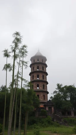realistic photo of a tall bamboo trees in a landscape, a tower from the ancient summaries ruins with foggy clouds and gray sky